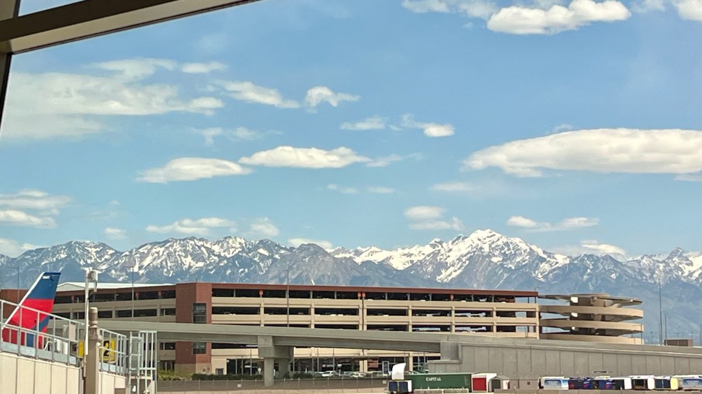 view from the terminal at SLC of snowcapped mountains